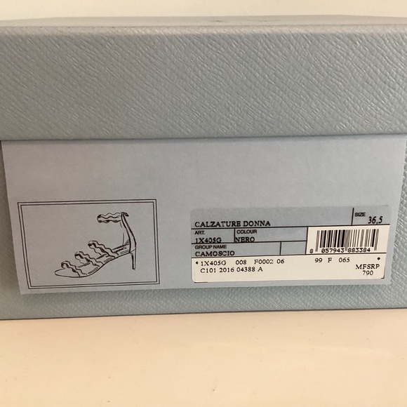 Prada Black Suede Scalloped Straps Heel Sandal MSRP: $1140 Size 36.5 - Picture 16 of 16